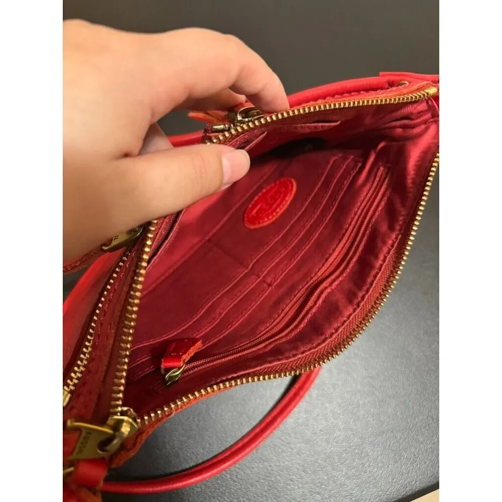 Fossil Erin Fuchisa Red Pebbled Leather Crossbody Purse Bag Double Pocket Front - Image 7