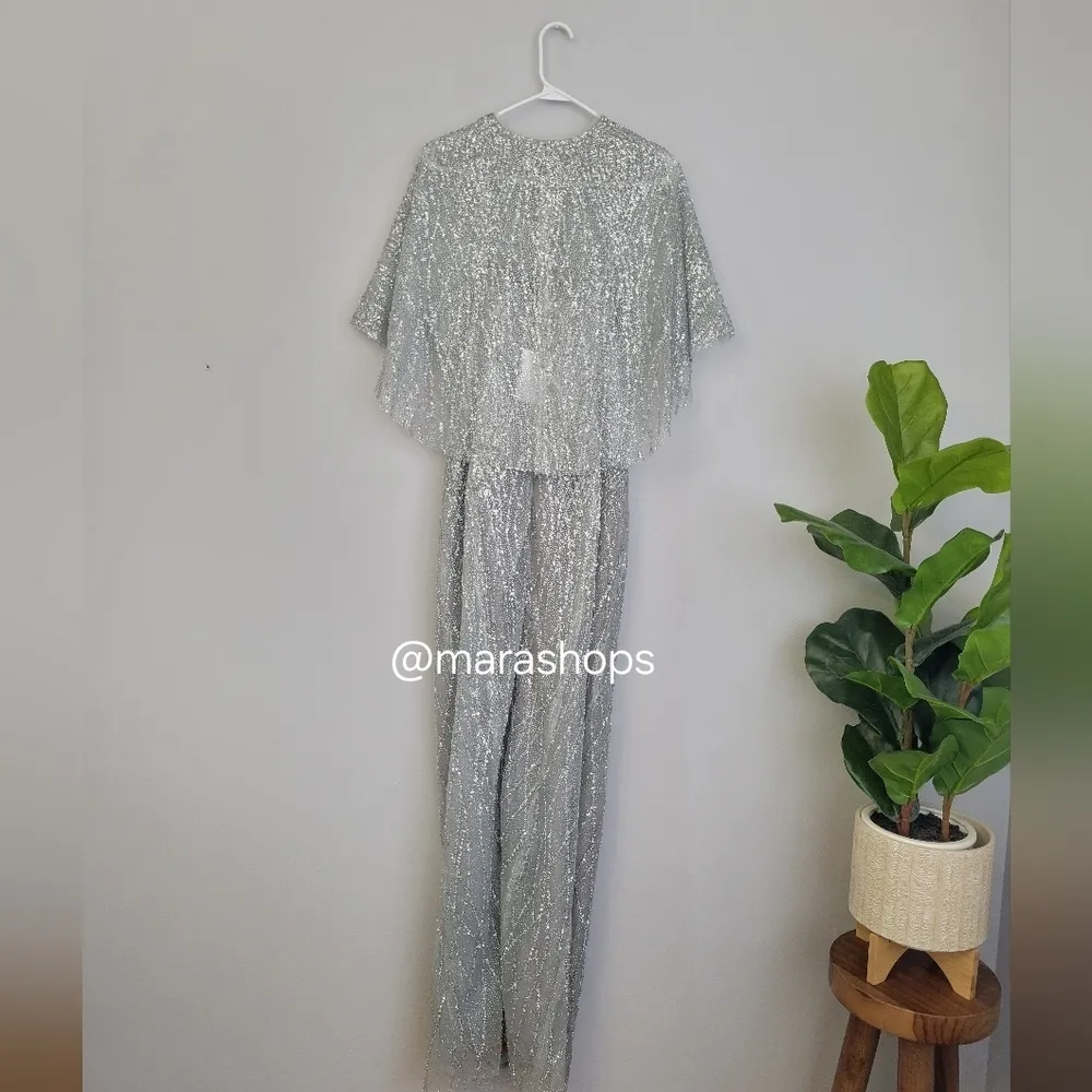 Marchesa Notte Strapless Beaded Glitter Tulle Column Gown Caplet Silver Size 8 - Image 10