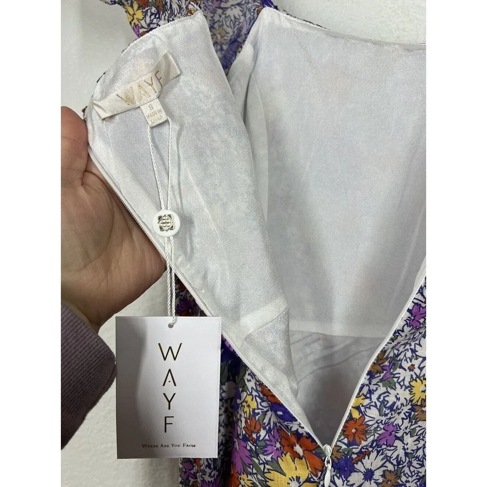 WAYF Floral Linen Midi Dress Small S Ruffled Purple - Image 6