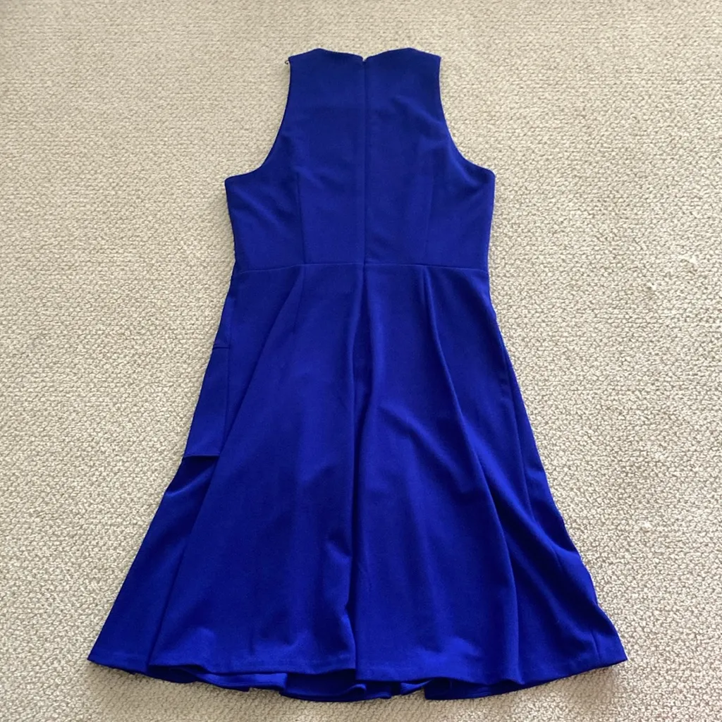 Calvin Klein High Neck Pleated Midi Dress Bright Blue Fit Flare Size 10 Like New - Image 7