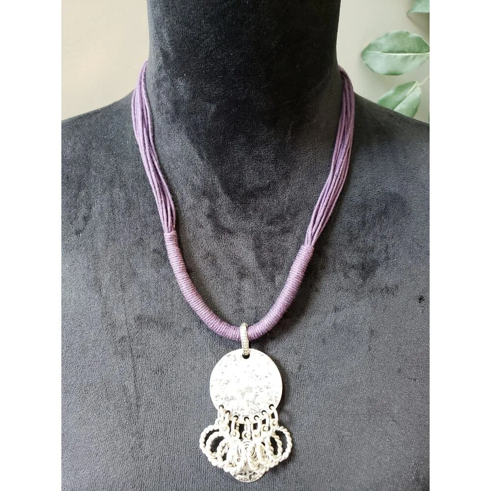 Women's Purple Thread Multi Strand Necklace Silver Rings Pendant Extension Clasp Gold - Image 2