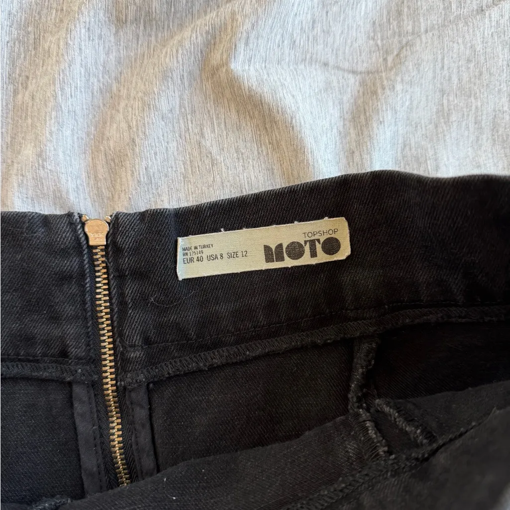 Topshop MOTO Denim Mini Skirt A-Line Zip Back Retro Jean 10 Black Academia - Image 4