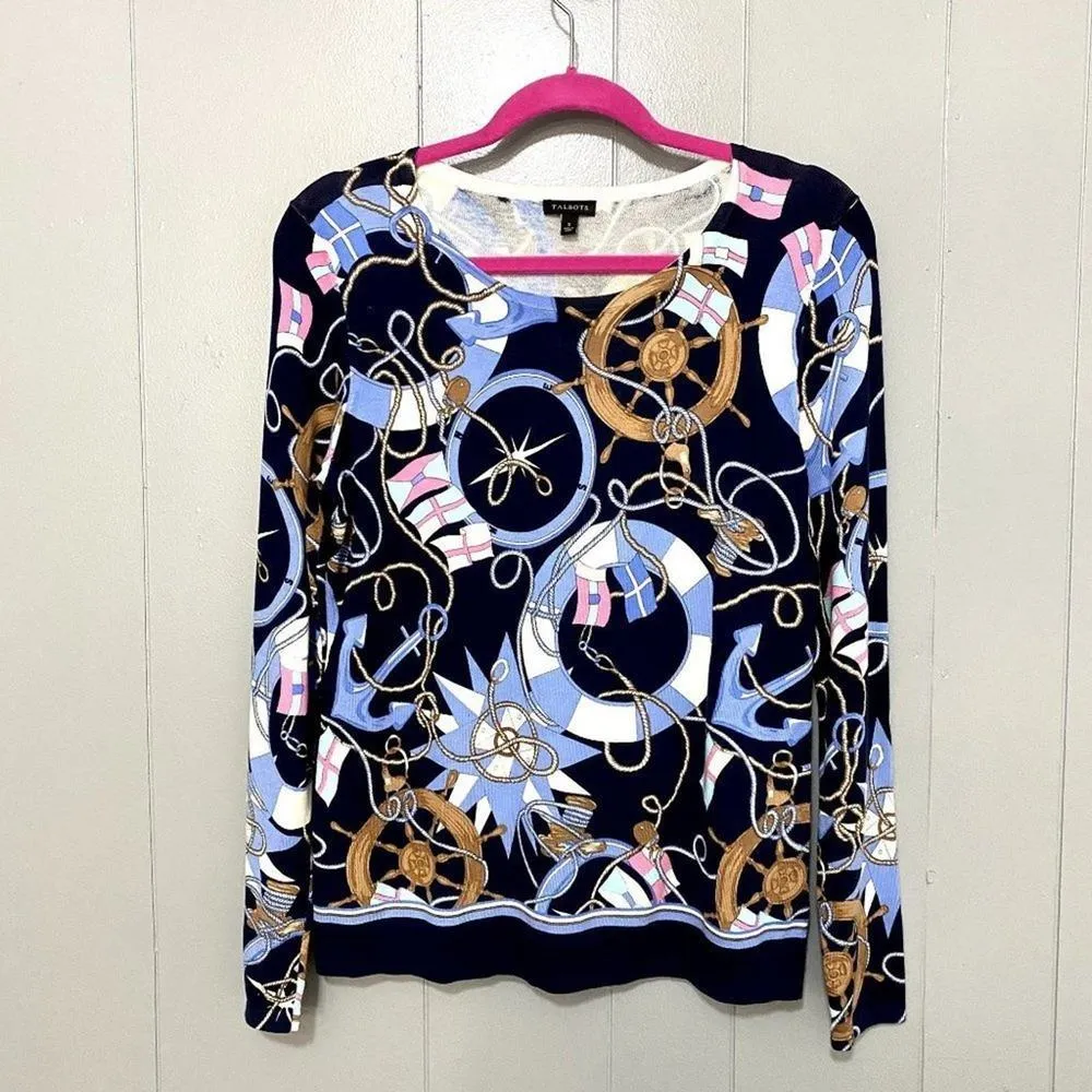 Talbots Navy Nautical Status Print Crewneck Long Sleeve Classic Preppy Sweater S - Image 2