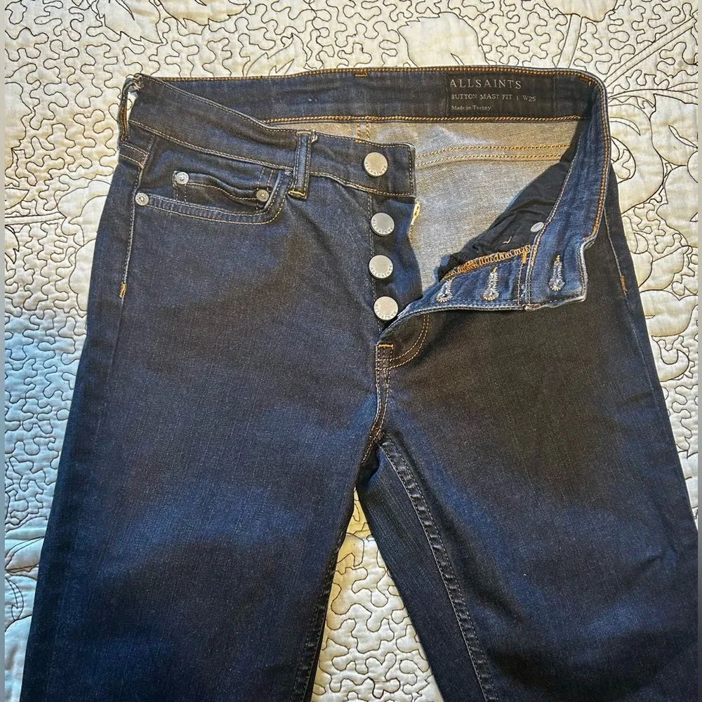 ALL SAINTS Mast Exposed Button Fly  Skinny Ankle Dark Blue Stretch Jeans Sz 25 - Image 4