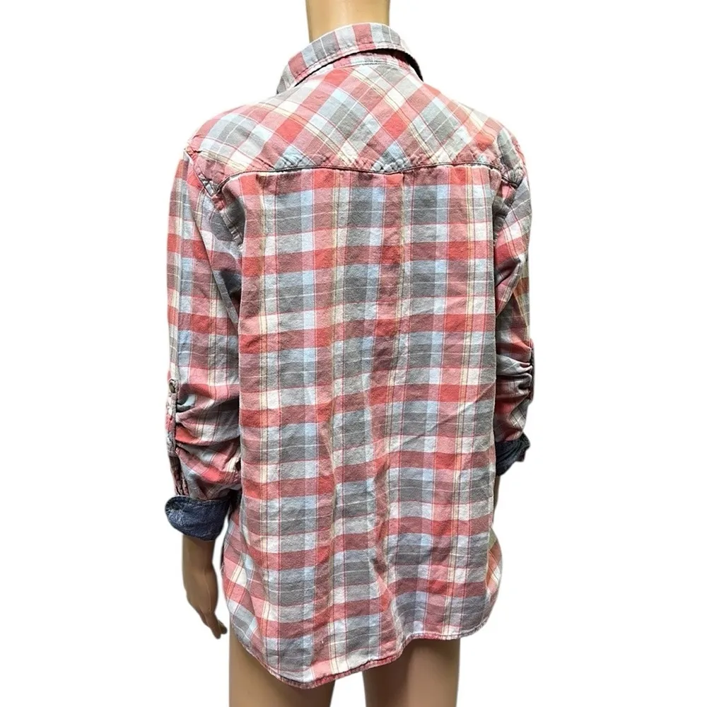 Jachs Girlfriend Bea Cotton Flannel Plaid Snap Up Roll Tab Long Sleeve Shirt L - Image 5