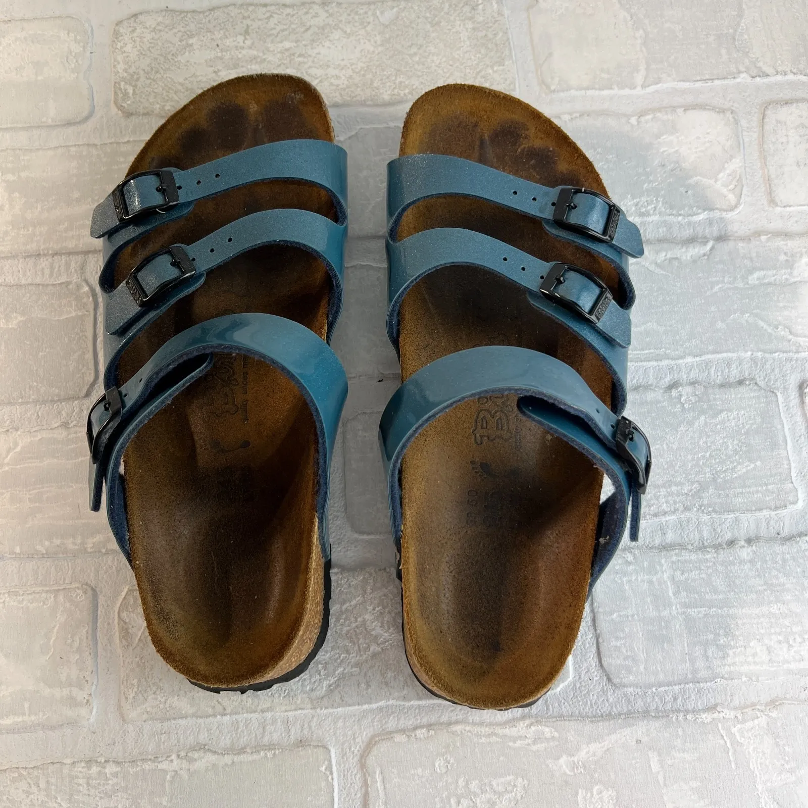 Birki's Birkenstock Florida Sandals 38 W7 N Blue Shimmer 3-Strap Buckle M5 Comfy - Image 6