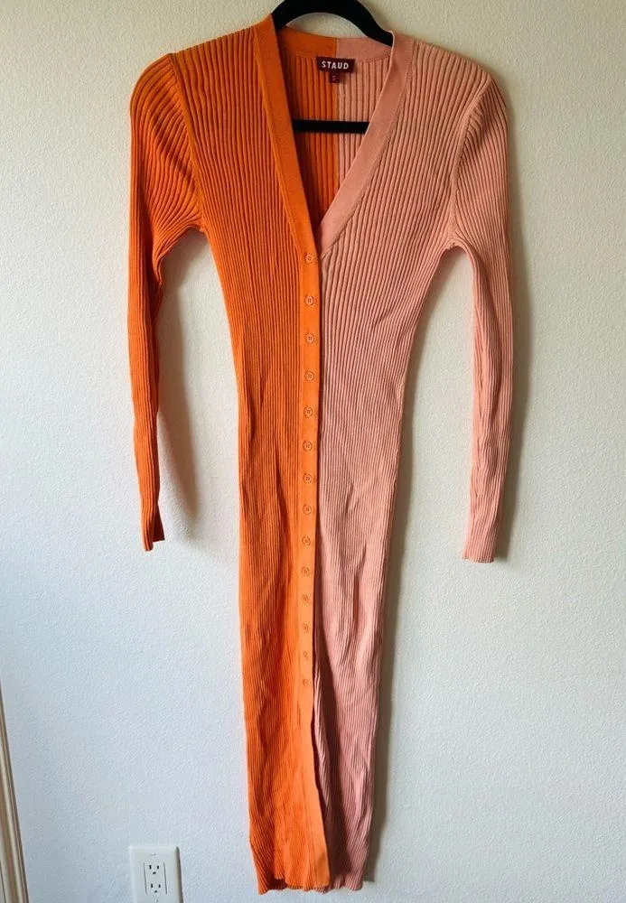 Staud Shoko Color Block Ribbed Sweater Dress Persimmon Orange - Image 2