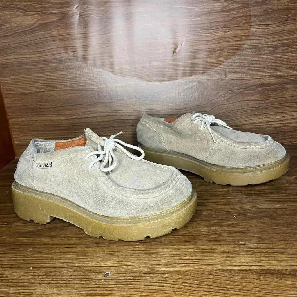 Vintage Y2k Mudd Sara chunky Suede Platform Lug Shoes grunge beige leather - Image 3