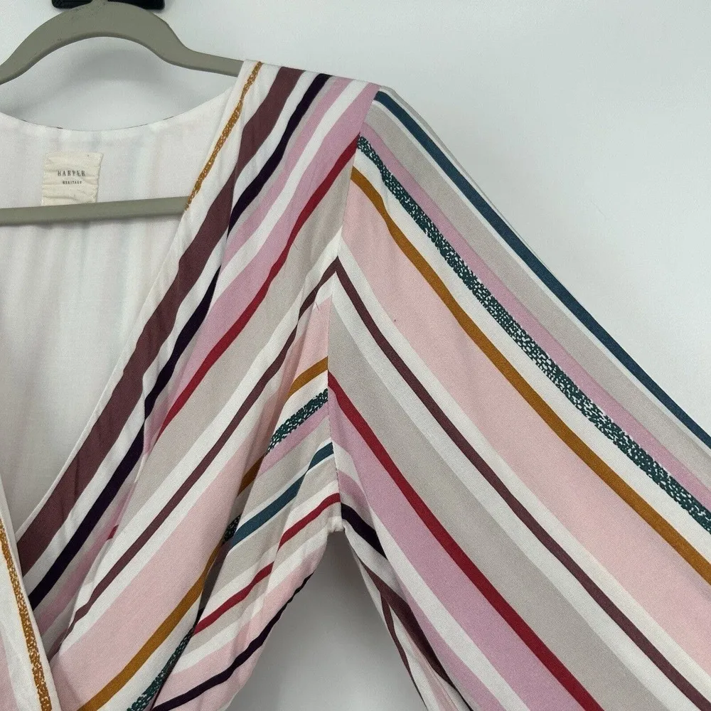 Harper Heritage Wrap Top Blouse Vertical Stripe Pink 3/4 Balloon Sleeves Size M - Image 4