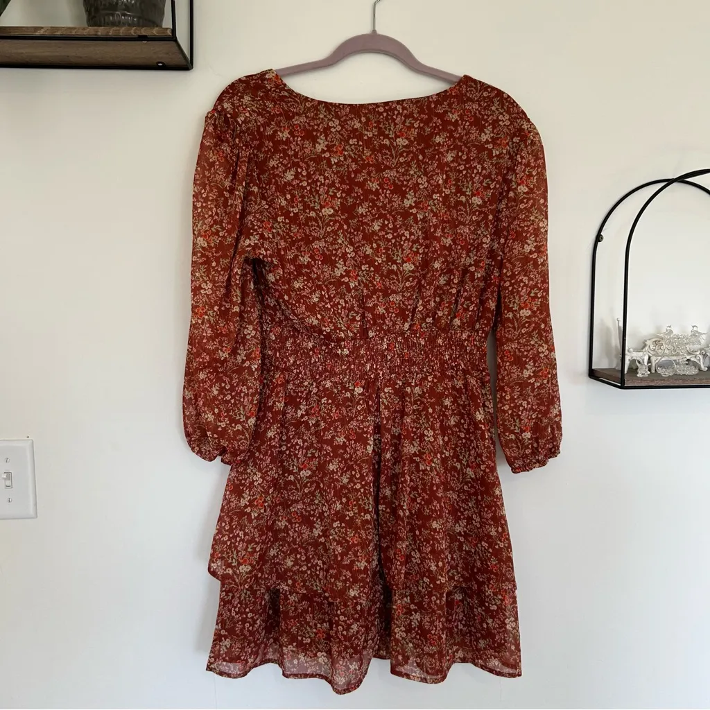 NWT Spirit of Grace Ditsy Floral Long Sleeve V Neck Mini Dress Size XL Orange - Image 2