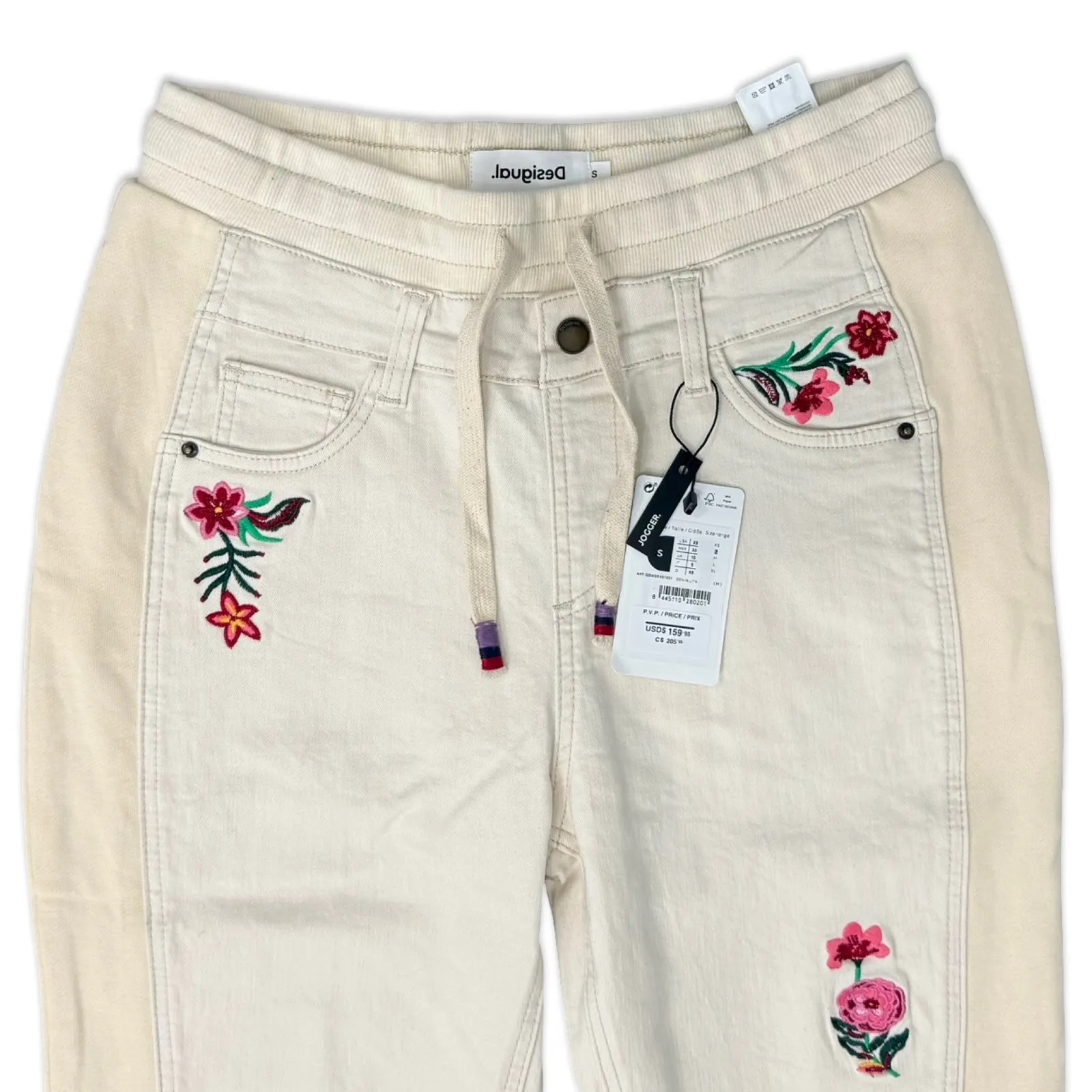 Desigual Cream Ecru Floral Embroidered Jogger Lita Raw Hem Jeans size S NEW Tags - Image 12