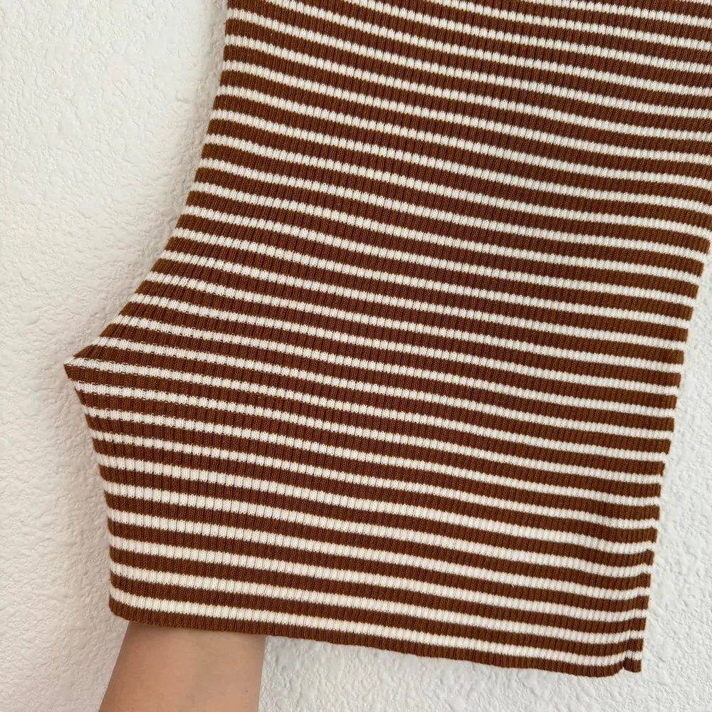 ribbed striped off the shoulder fitted blouse brown orange white Sz XS - Image 6