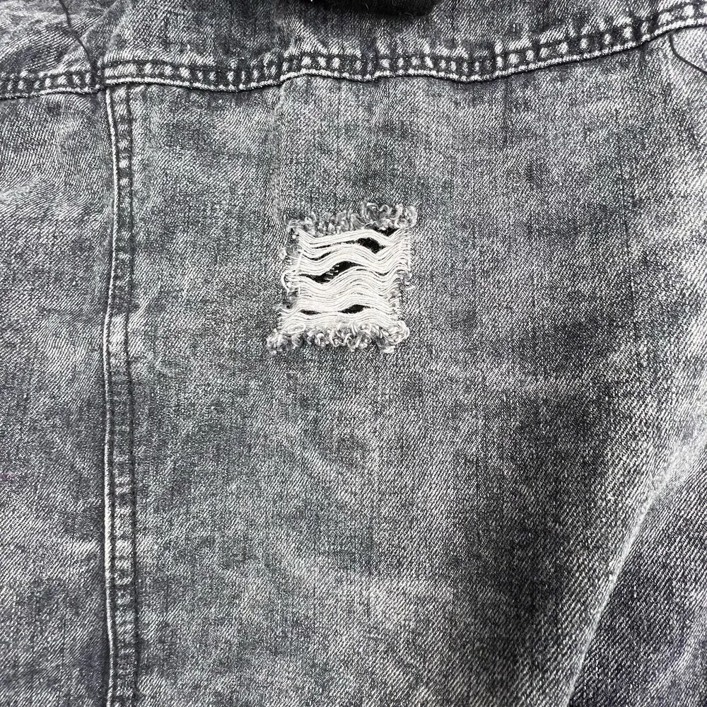 Thrill Jeans Black Wash Denim Hoodie Jacket Sz M Distressed Destroyed Shacket Size M - Image 7