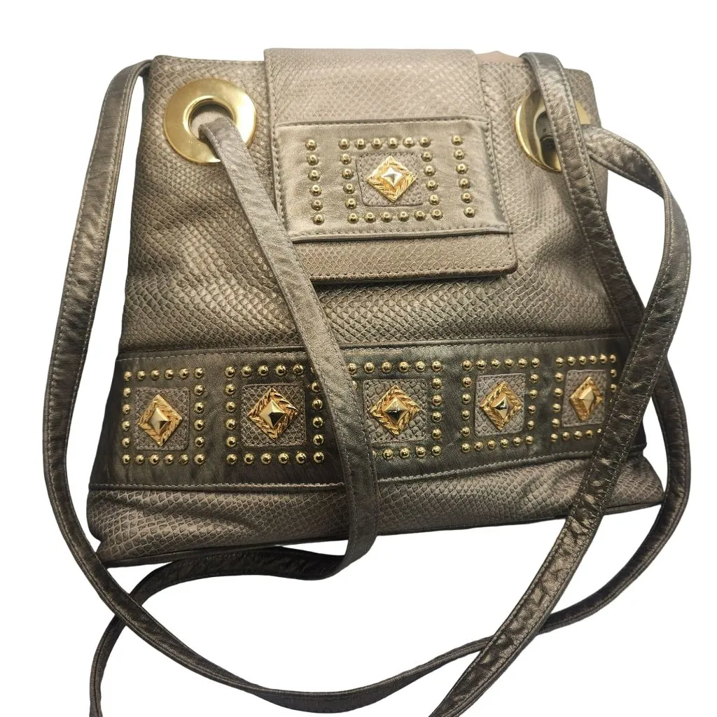 Bags by Pinky Vintage Metallic Silver Leather Shoulder Gold Studs Grommets USA - Image 11