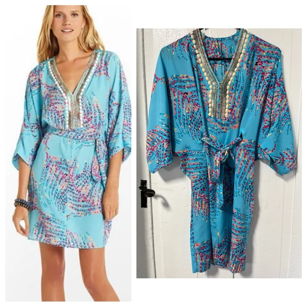 Lilly Pulitzer Wilda Beaded Caftan Blue Teal Tunic Dress size XS - Image 2