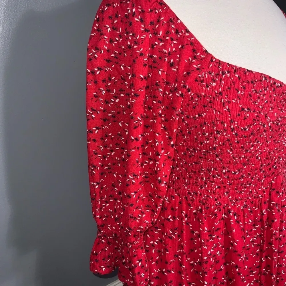 Red Floral Shirred Sweetheart Square Neck Puff Sleeves Short Dress S - Image 13