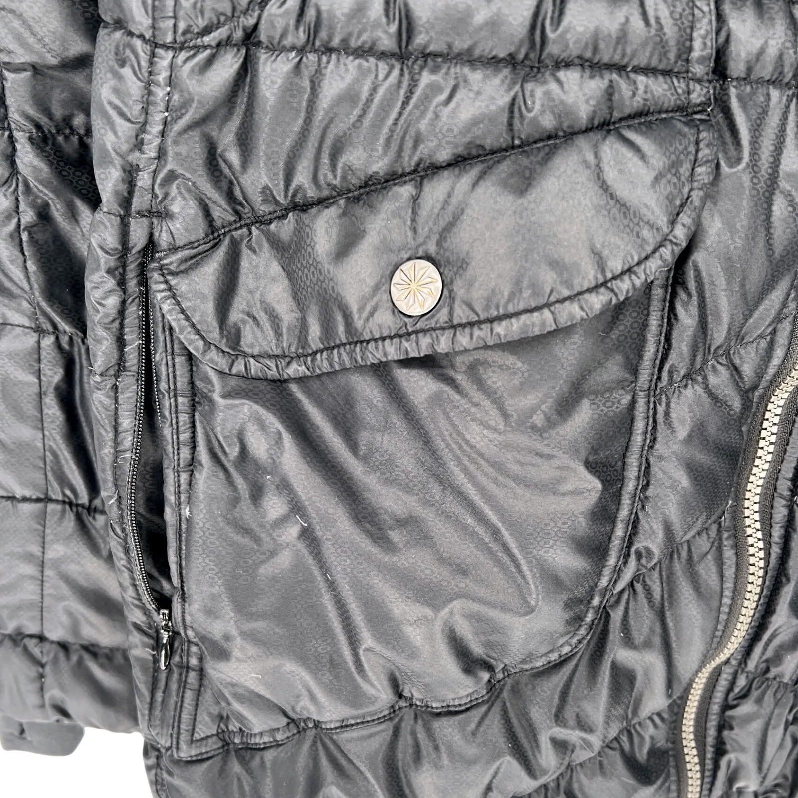 Athleta Goose Down Jacket Black XL Hooded Packable Puffer GUC Mended Hole - Image 4