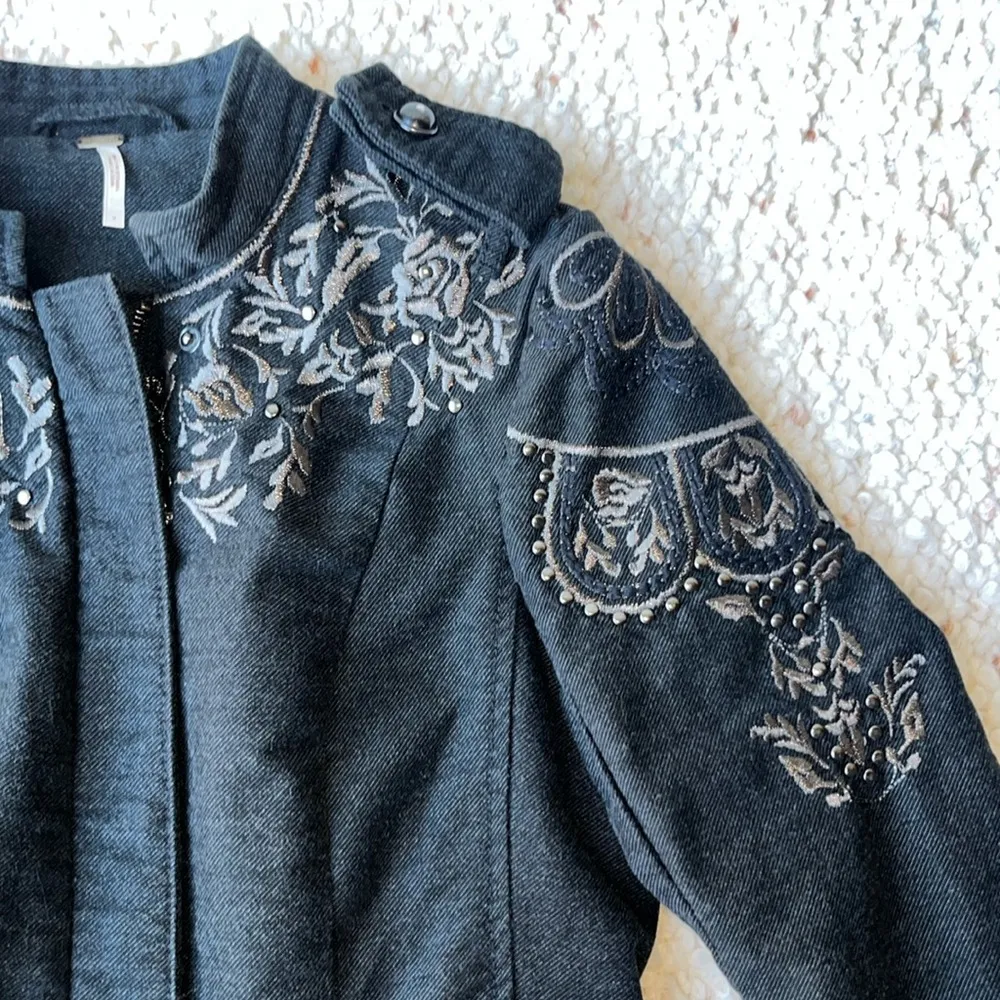 Free People Sargeant Floral Embroidered Embellished‎ Military Coat Black 2 - Image 6