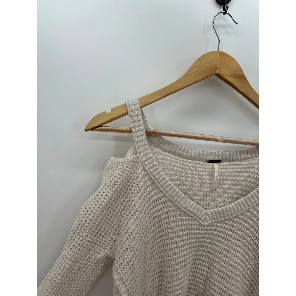 Free People Cream Moonshine V Neck Sweater Cold Shoulder Distressed Size Small - Image 6