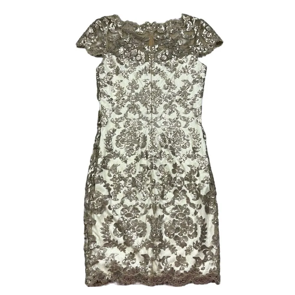 Tadashi Shoji Gold Embroidered Lace Cap Sleeve Dress Size 4 Party Cocktail - Image 4
