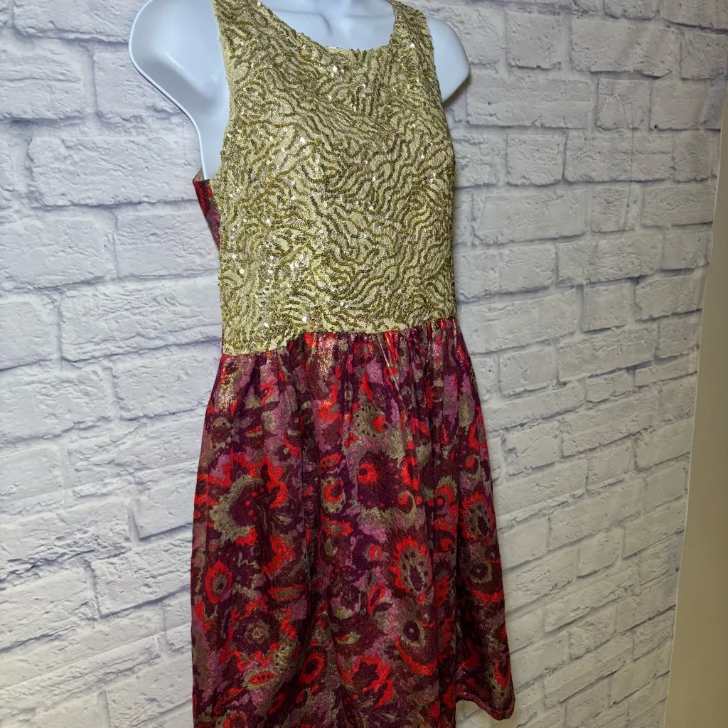 Anthropologie Wren Gold Sequin Floral Jacquard Cocktail Dress Size Medium Bling - Image 6