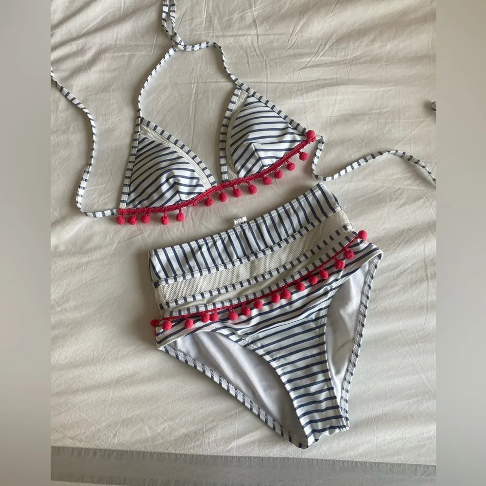 Amazon Mesh Striped High Waist Bikini Set Tassel Trim Top Halter Strap - Image 2