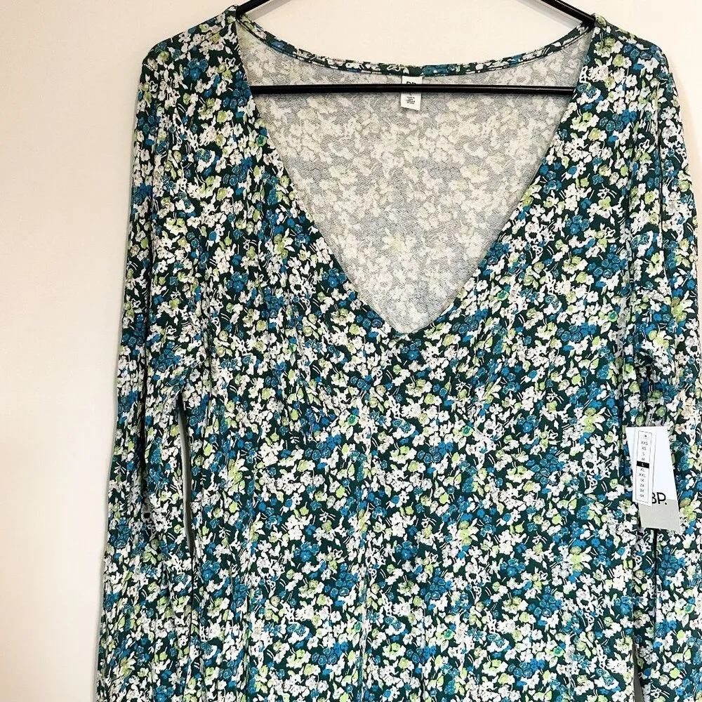 NWT BP by Nordstrom Green Floral Knit Long Sleeve V-Neck Sustainable Dress - Lar - Image 4