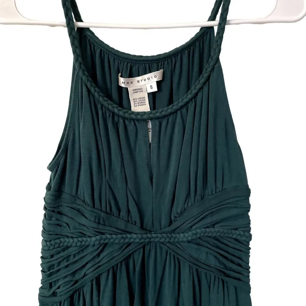 Max Studio ruched comfortable green maxi dress gown formal flattering keyhole - Image 2