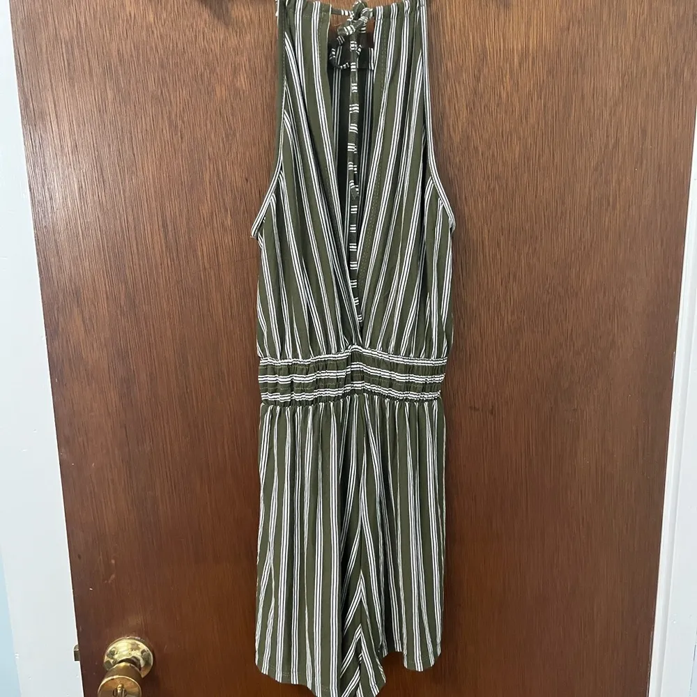 Green and White Striped Stretchy Romper - Image 2