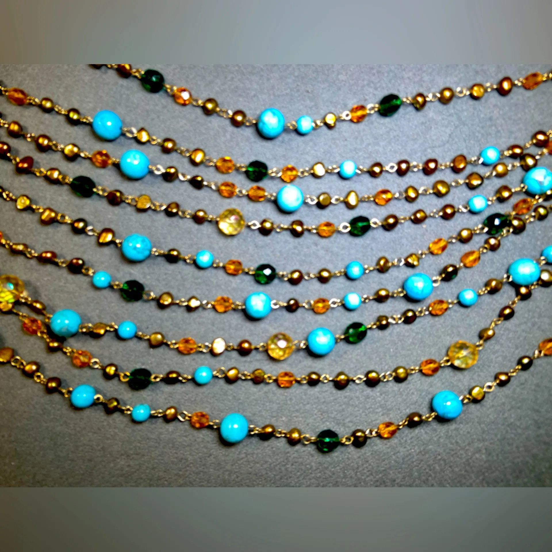Multi Strand Beaded Necklace Gold Tone Metal, Turquoise, Green & Amber By Sequin Blue - Image 2