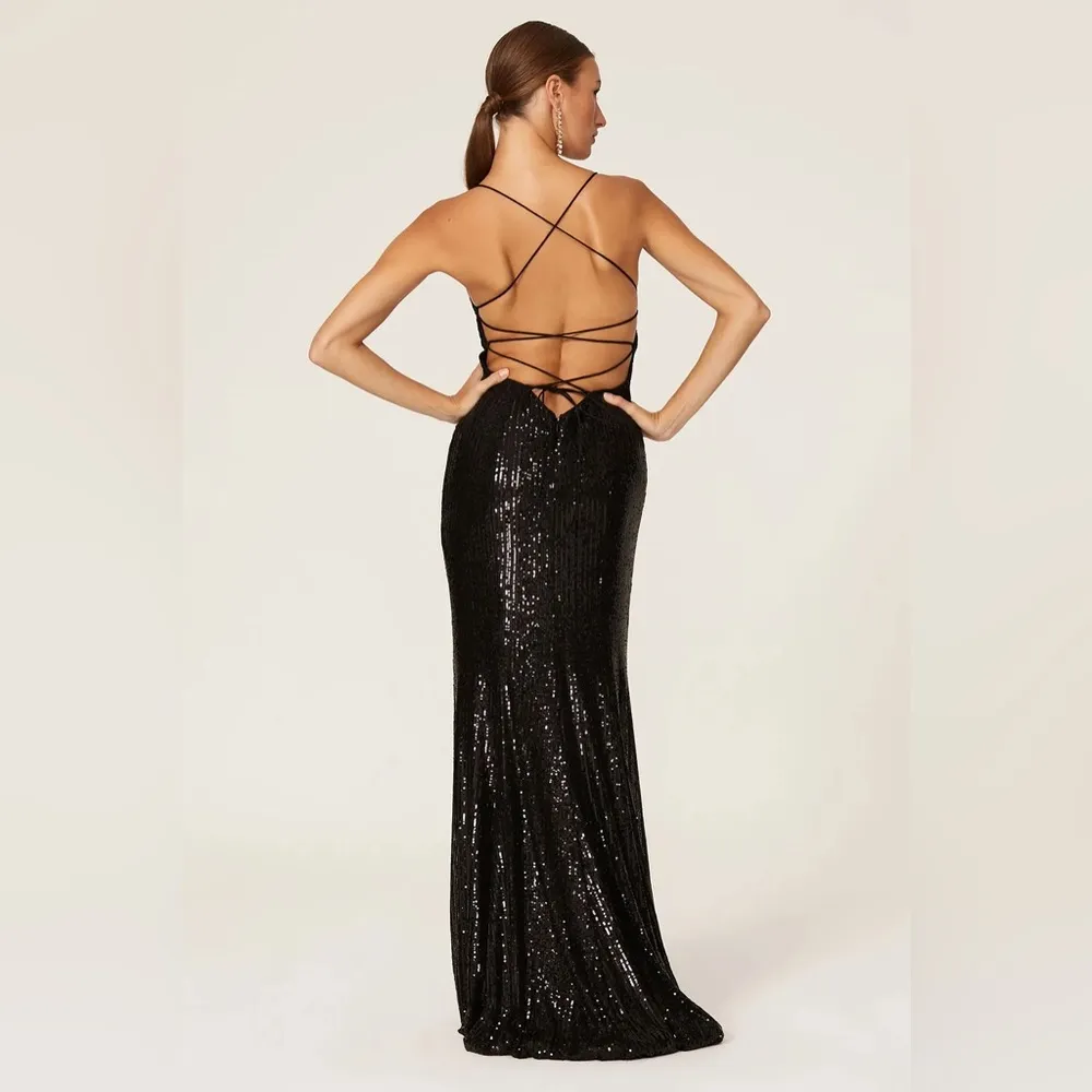 Ieena for  Black Sequin Tie Back Gown Long Dress Open Back Strappy 12P - Image 3