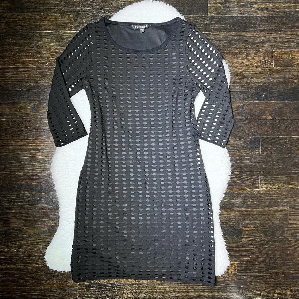 Express Black Fish Net Perforated 3/4 Sleeve Dress - Image 2