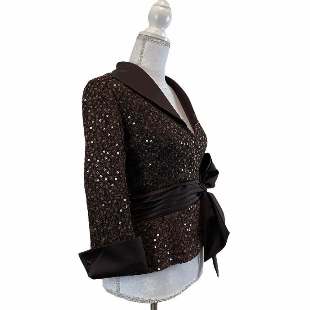 Tadashi Shoji Collection Brown Collared Sequins Zip Back Evening Elegant Jacket - Image 2