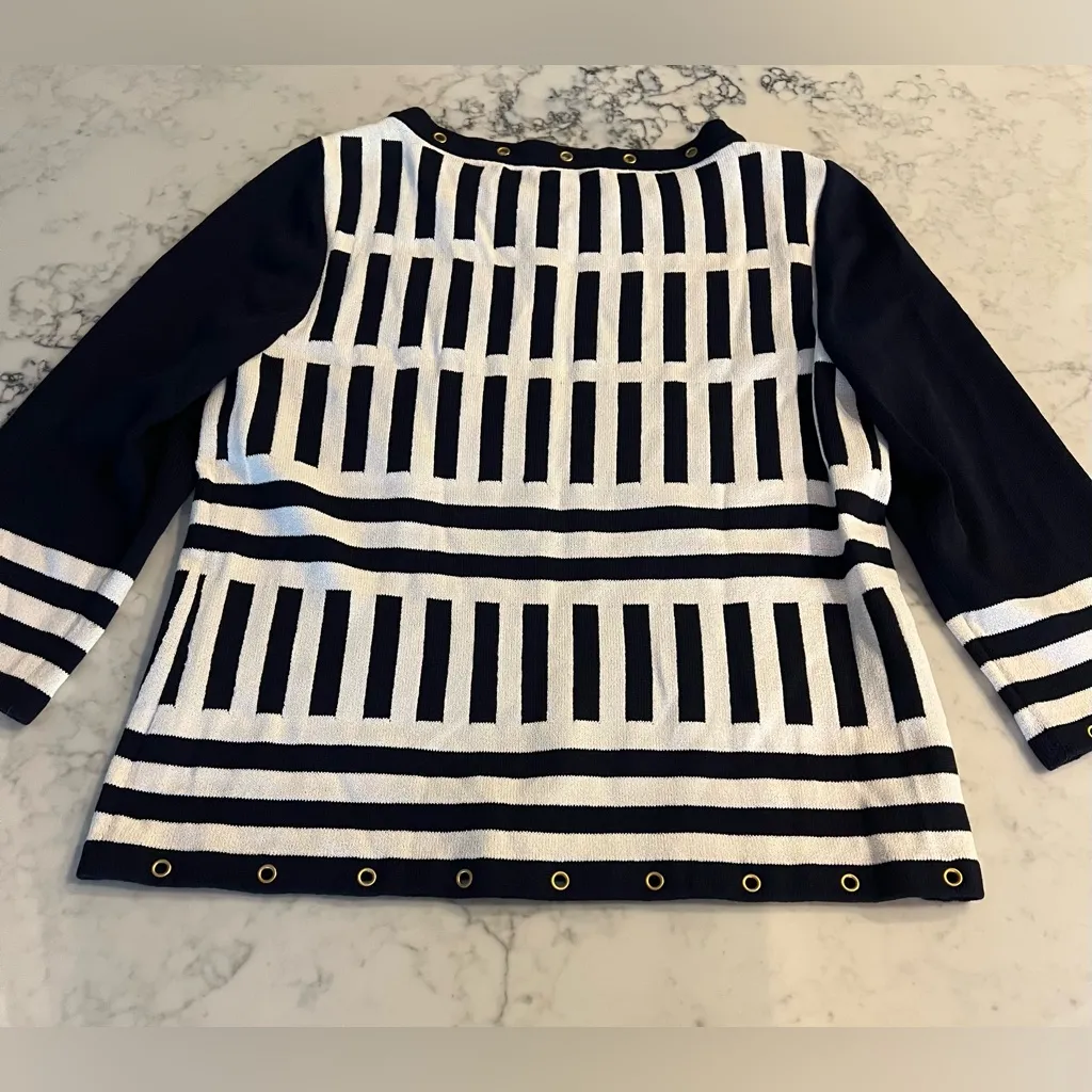St John Sport Wool Blend Nautical Navy White Striped Sweater Grommet Medium EUC Blue - Image 2