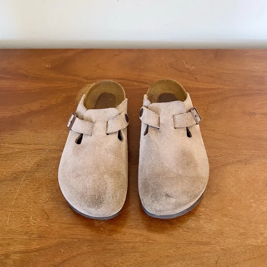 Birkenstock • Boston Clogs taupe suede leather soft footbed slip on buckle - Image 3