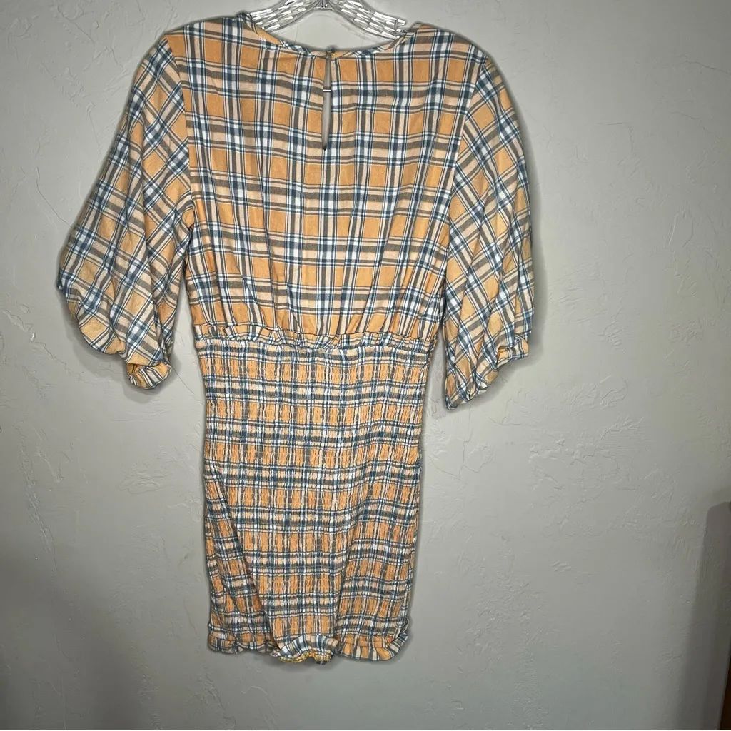 Mable Southern Peach Plaid Deep V Neck Smocked Skirt Puff Sleeve Mini Dress Orange - Image 9