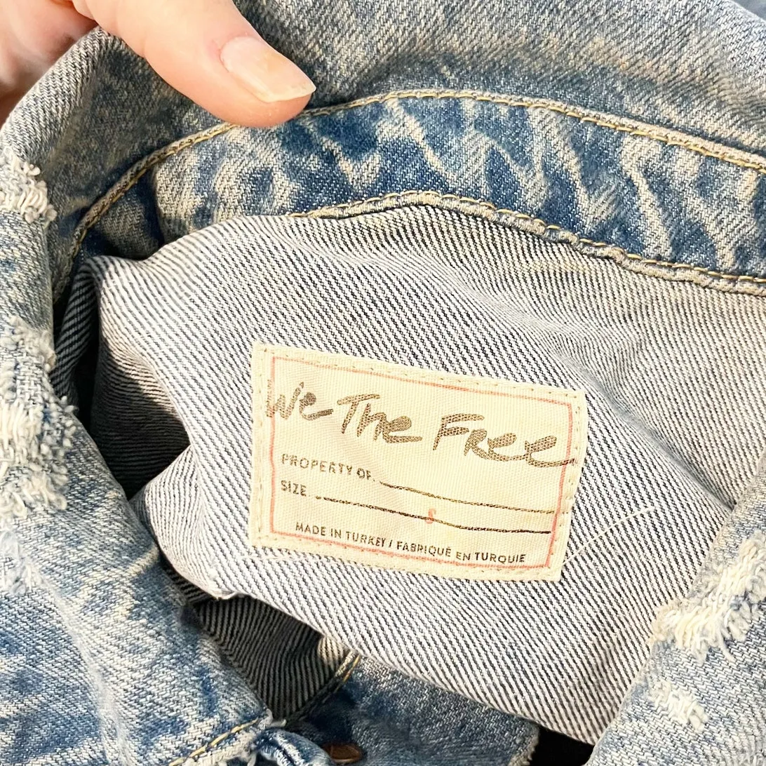 Free People Amelia Slouchy Raw Hem Trucker Jean Denim Jacket Blue Small - Image 3