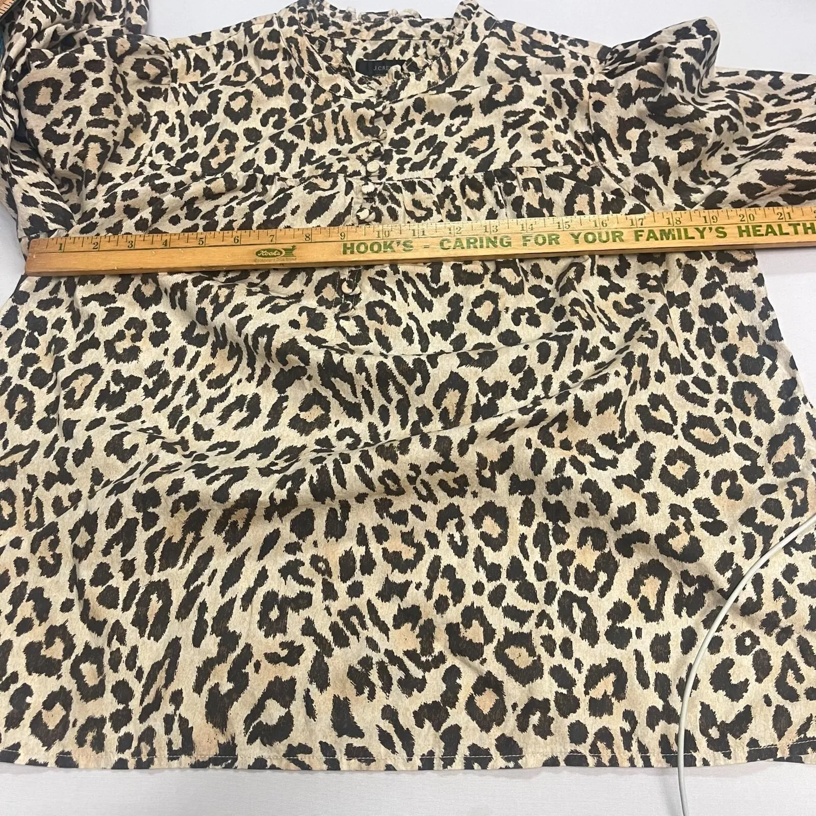JCrew Women's Leopard Print Long Sleeve Round Ruffle Neck Top Blouse Cotton Sz M - Image 5