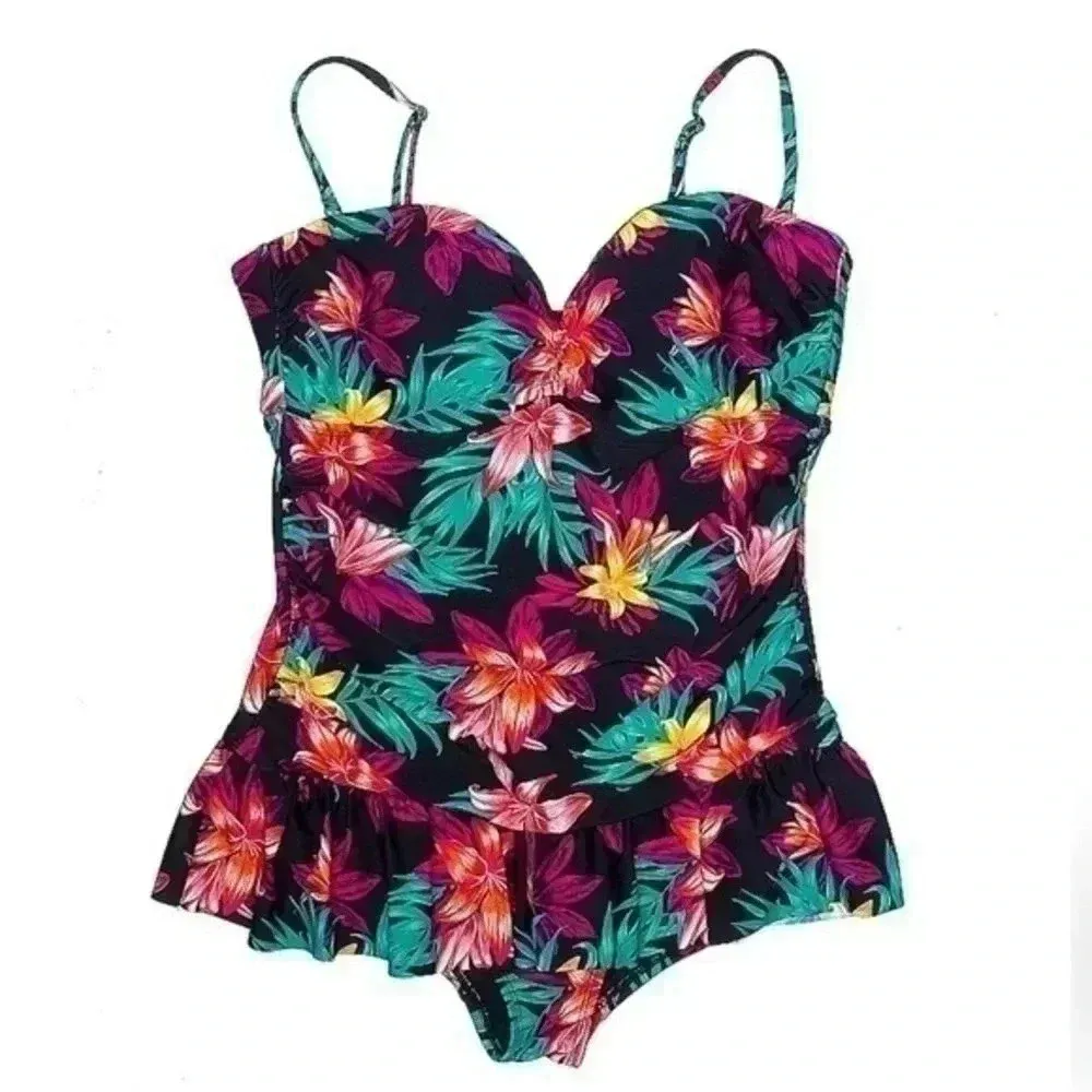 Tropical Escape Tropical Floral One Piece Swimsuit Peplum Ruffle Hem Size 14 - Image 2