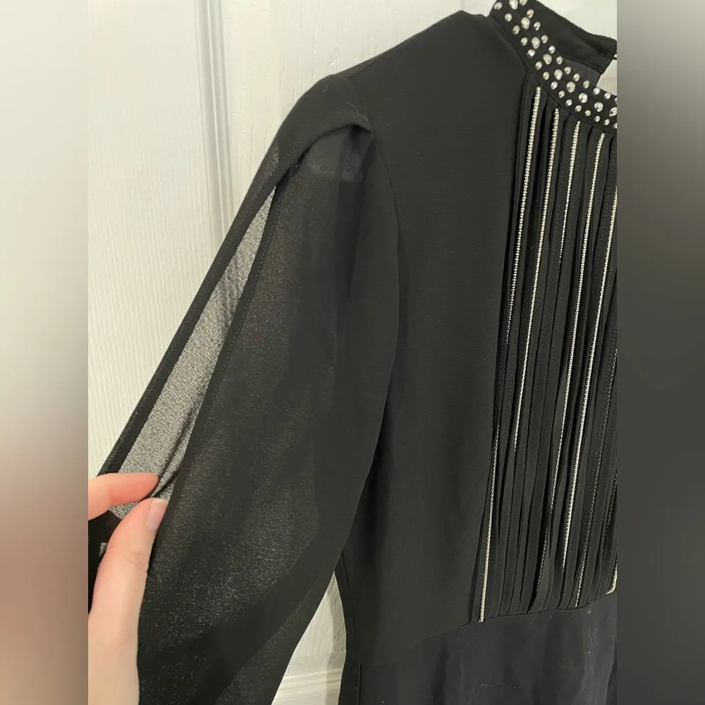 Black Rhinestone Beaded Fringe Front Split Sleeve Mini Dress Women’s Size S - Image 5