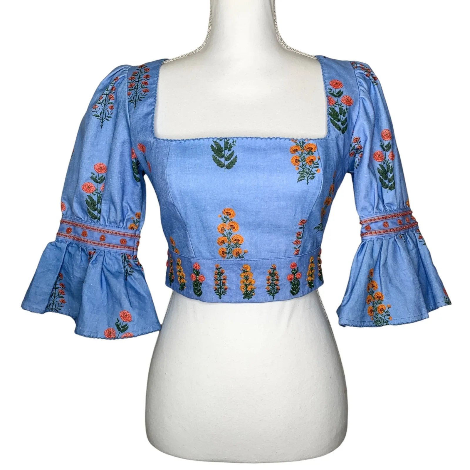 Agua by Agua Bendita Violeta Dahlia Blue Linen Embroidered Floral Cropped Top - Image 4