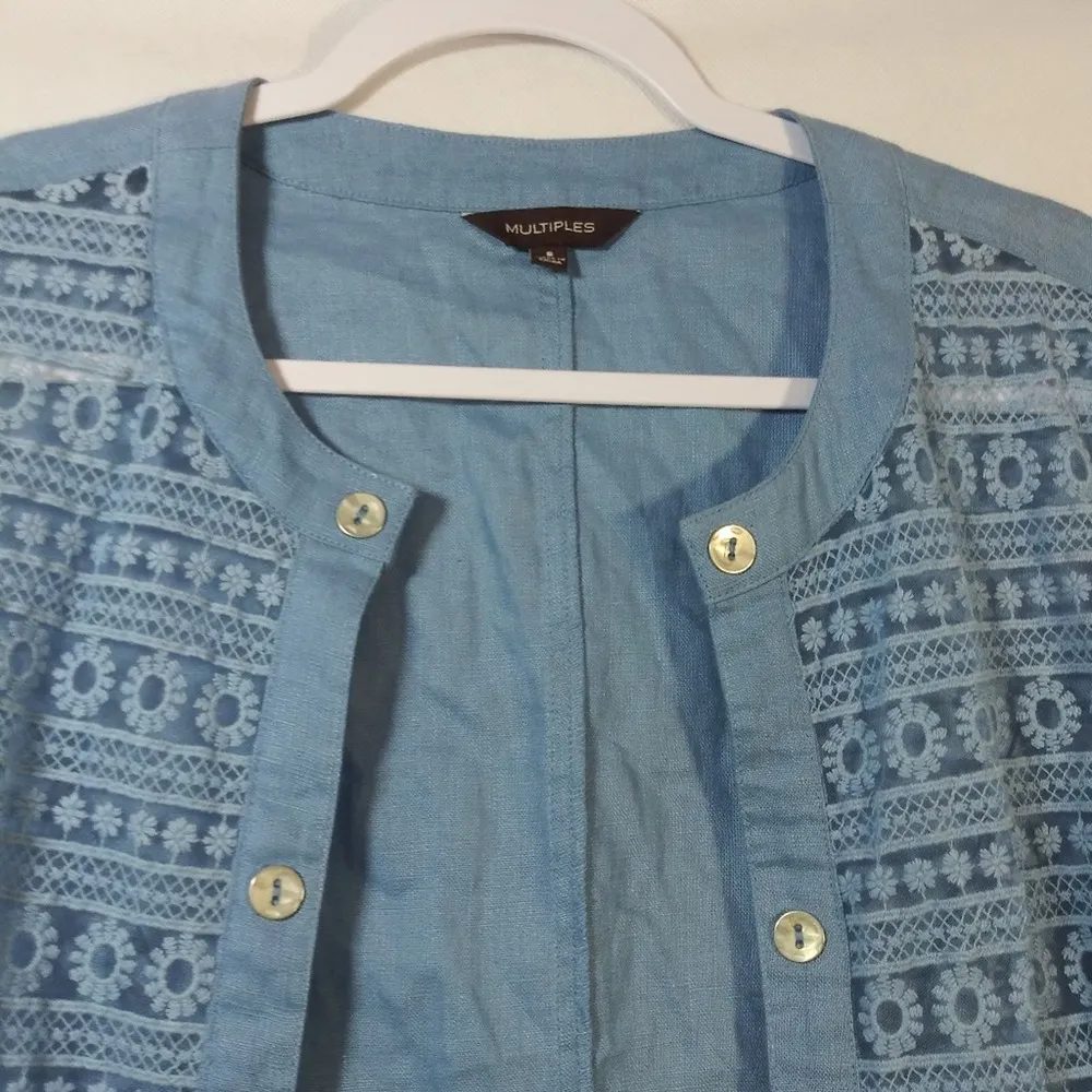 Multiples Blue Linen Open Front Crochet Jacket Cardigan Size Small - Image 3