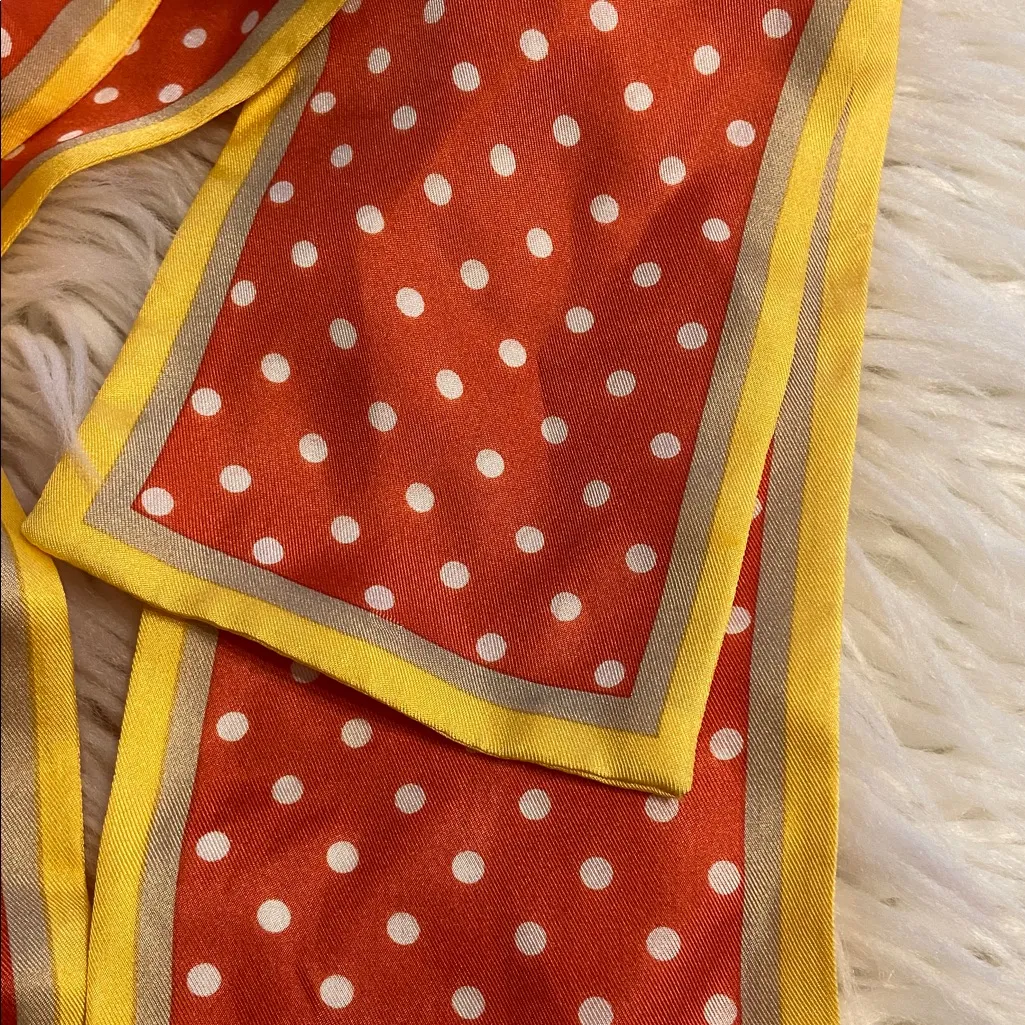 Vibrant Red Polka Dot Scarf with Yellow Edging 100% silk length 65” wide 4” Orange - Image 7