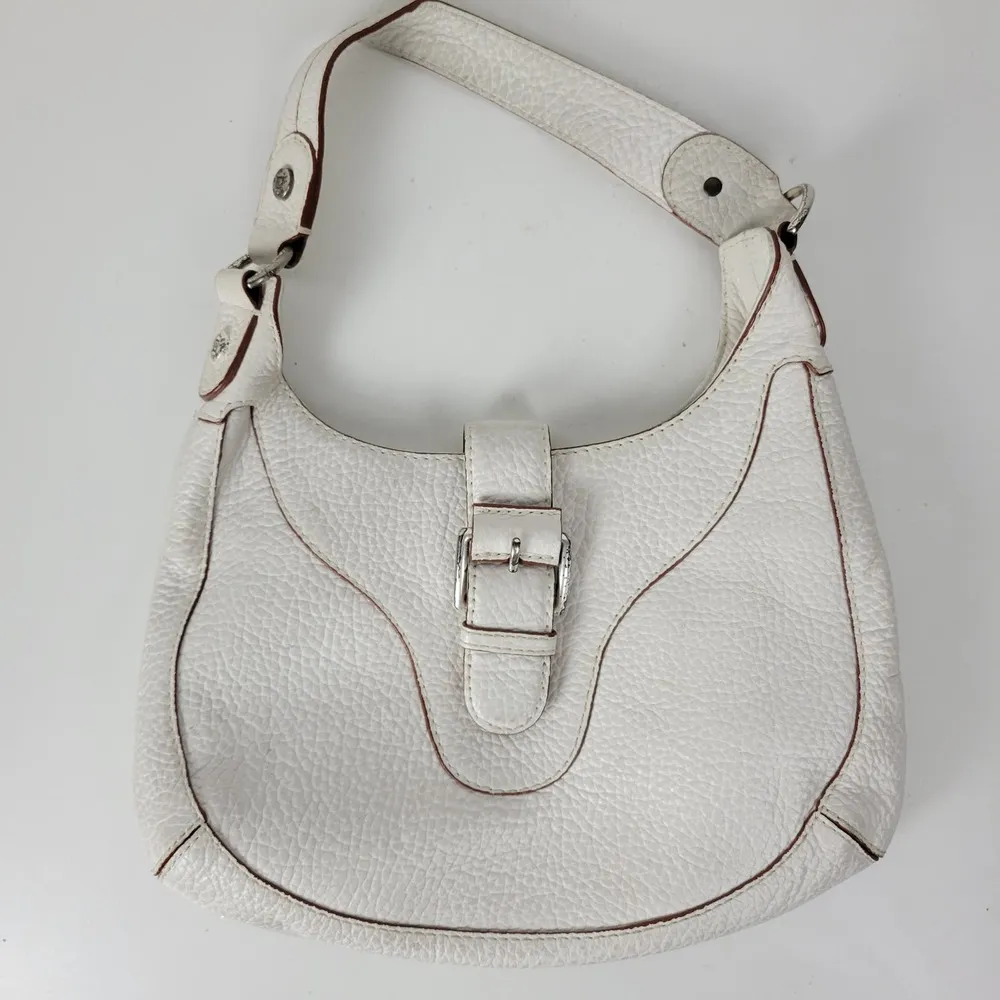 Michael Kors Womens Bag White Pebbled Leather Shoulder Hobo Fold Over Buckle - Image 11