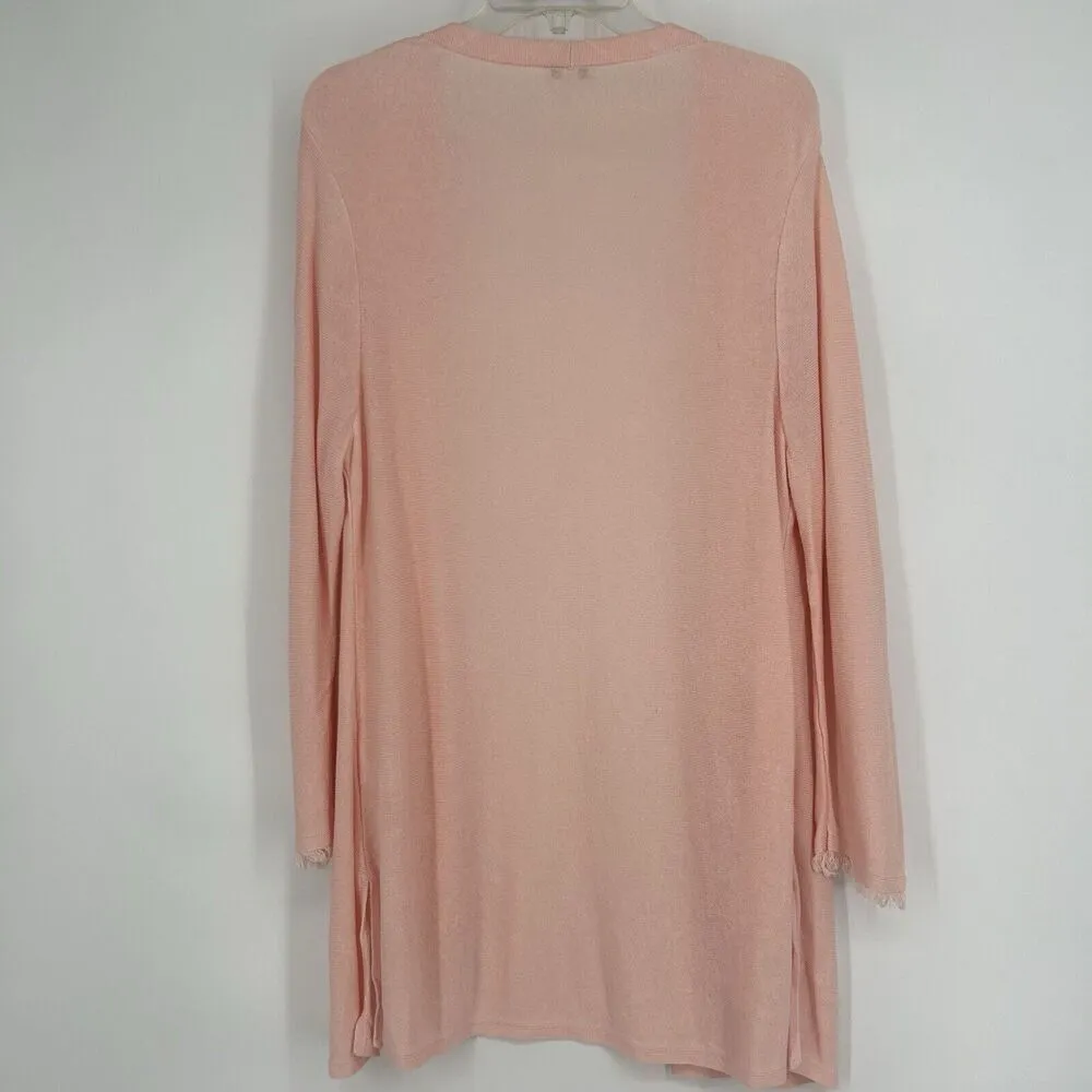 J Jill Linen Blend Open Front Cardigan Long Line Light Pink Fringe Sleeve Size L - Image 6