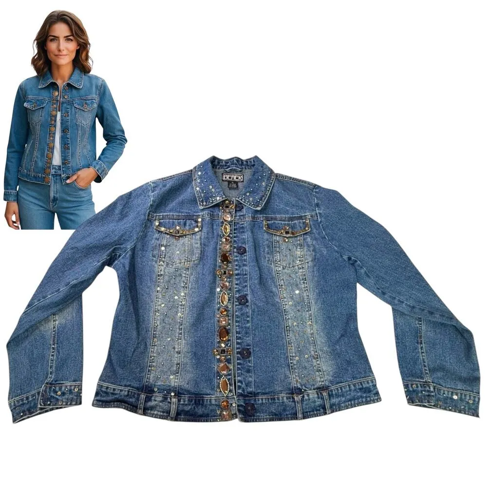 Designer Jean Jacket BEREK 2 COLLECTION Womens XL Takako Sakon Sequin Rhinestone Blue - Image 12