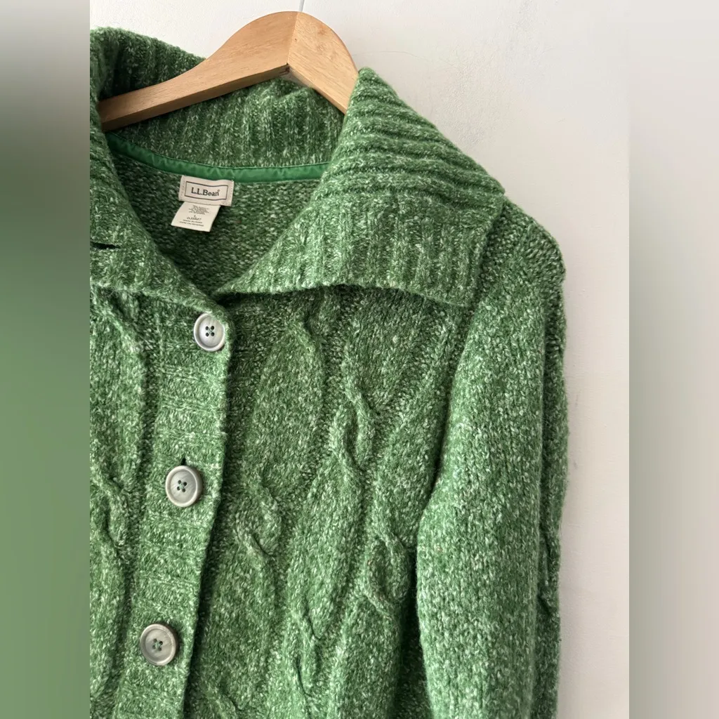 LL Bean Sweater Green Cardigan Cable Knit Chunky Button Turtleneck Wool Size L - Image 2