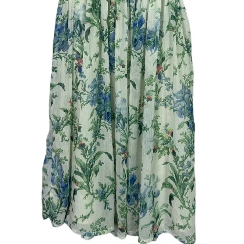 Zara Semi Sheer Floral Sleeveless Spaghetti Strap Tie V Neck Mini Dress XS Green - Image 7