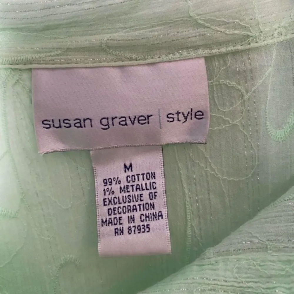 Susan Graver M Mint Green Long Button Down Shirt Tunic Top Shimmer Tie Back - Image 3