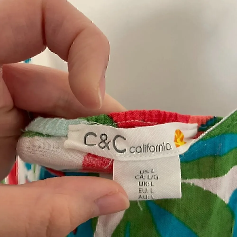 C&C CALIFORNIA White Blue Tropical Leaf Leaves Floral Linen Tie Shoulder Dress L - Image 5